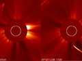 2. Dwa obrazy z satelity SOHO ukazujące kometę ISON przed przejściem (z prawej) i po przejściu (z lewej) przez peryhelium. Biały okrąg to zarys przesłoniętej tarczy słonecznej (http://apod.nasa.gov/apod/image/1311/).