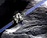 Artystyczna wizja sondy Rosetta na tle jądra komety (graf. z: www.wikipedia.pl).