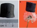 Fot. 3. Uzyskany z płatków grafenu materiał ma czarny kolor (a). Jego gęstość wynosząca zaledwie 5 mg/cm³ powoduje, że kostka aerożelu może zostać położona na „dmuchawcu”, czyli owocu mniszka lekarskiego i nie zmienia delikatnej struktury puszystej kuli (b).