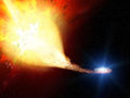 Artystyczna wizja układu kataklizmicznego, który może stać się supernową typu Ia. Źródło:http://pl.wikipedia.org/wiki/Plik:Supernova_Companion_Star.jpg
